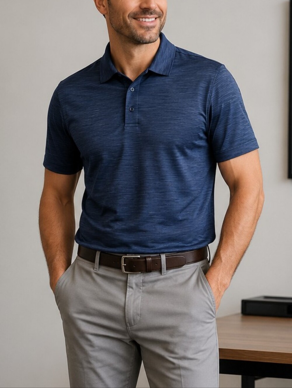 George Blue Space Dye Short Sleeve Performance Polo Shirt Golf Casual Men's S